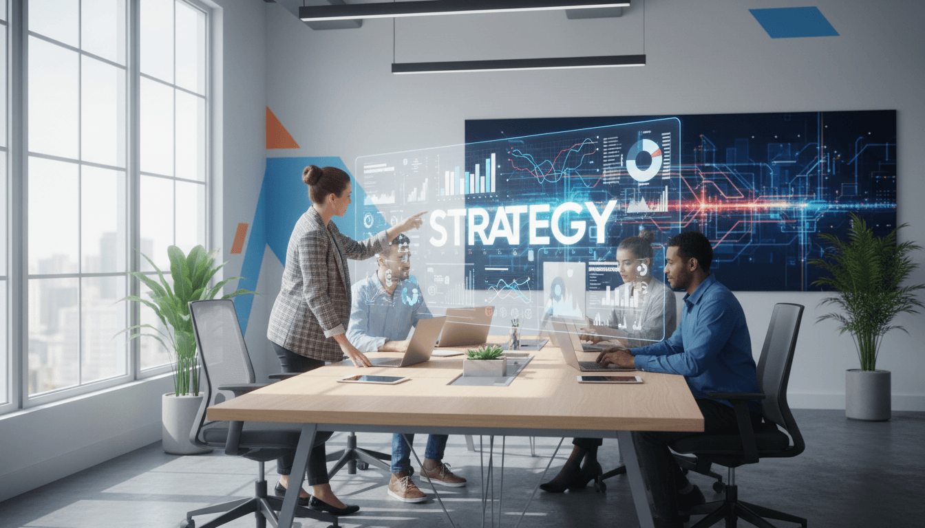 Professional digital marketing team working at modern office desk with laptops and analytics dashboards