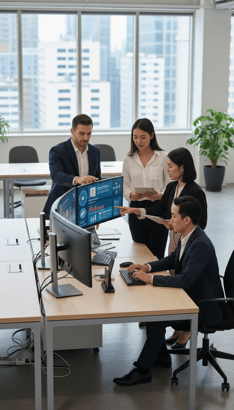 Digital marketing team analyzing campaign performance on multiple screens