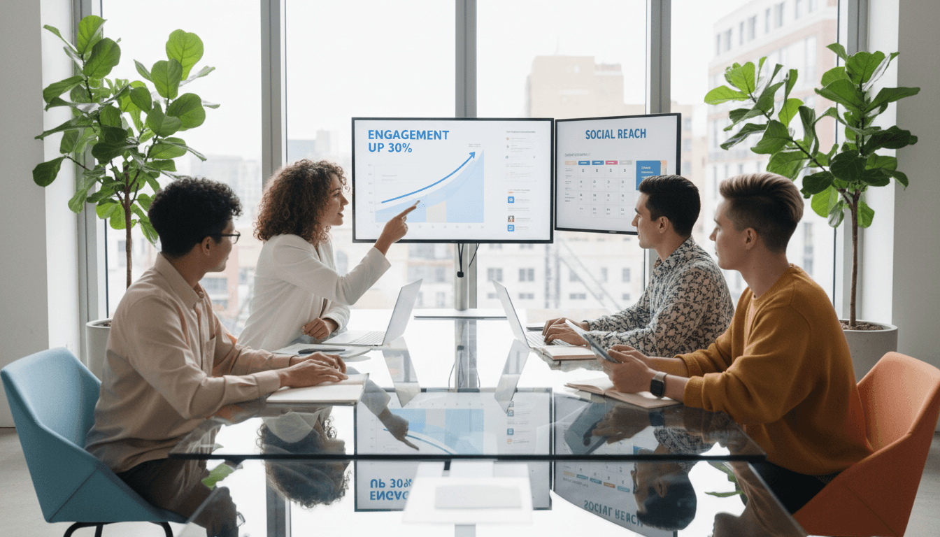 Marketing professionals collaborating on digital strategy with charts and analytics displayed on screens