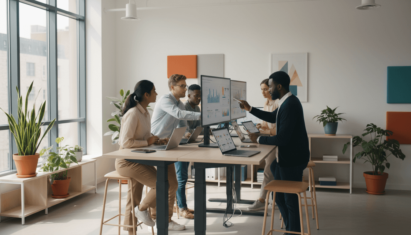 Digital marketing team analyzing campaign performance on multiple screens