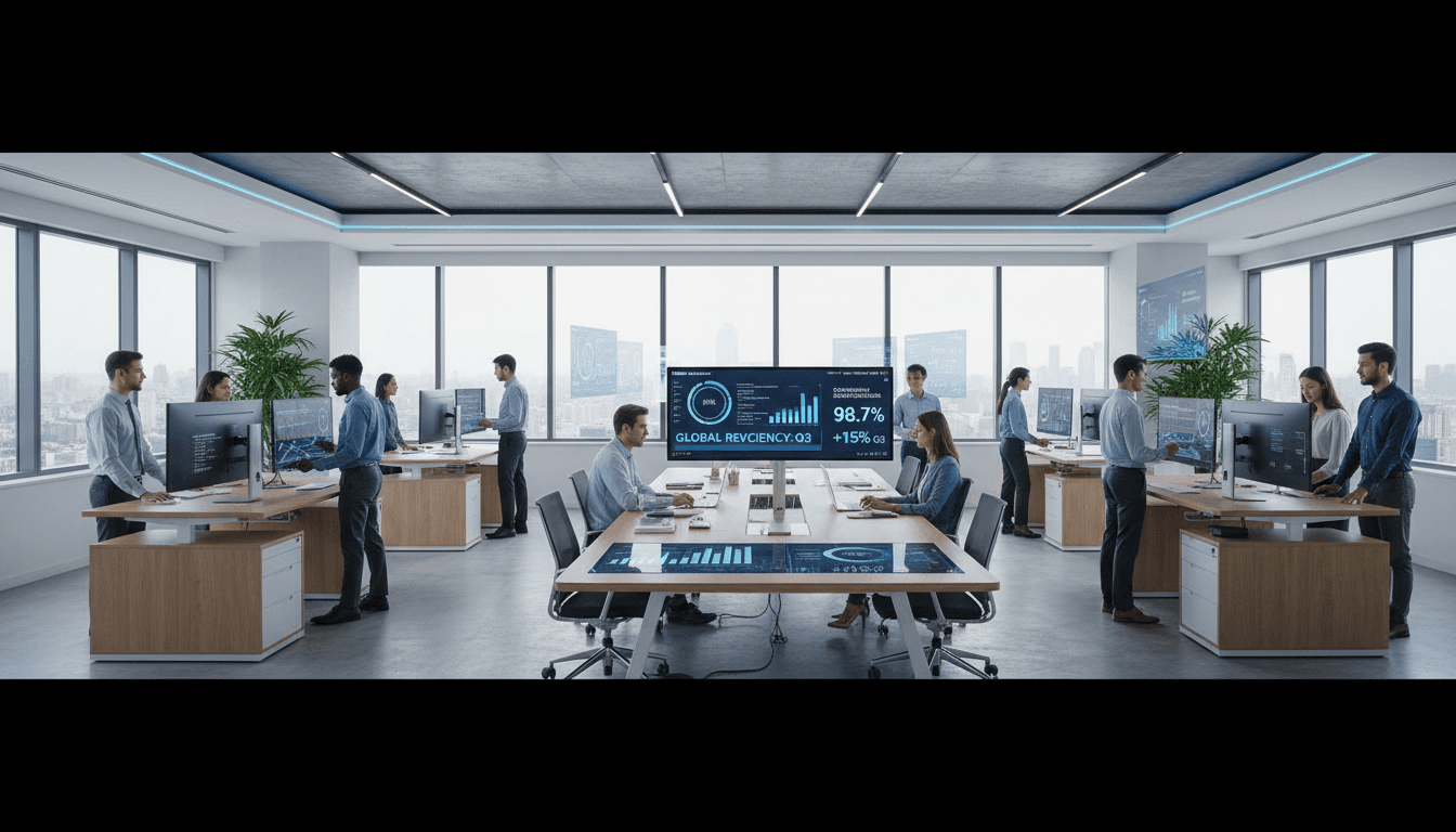 Team members working together at modern office desks with computer monitors showing marketing analytics and data visualizations